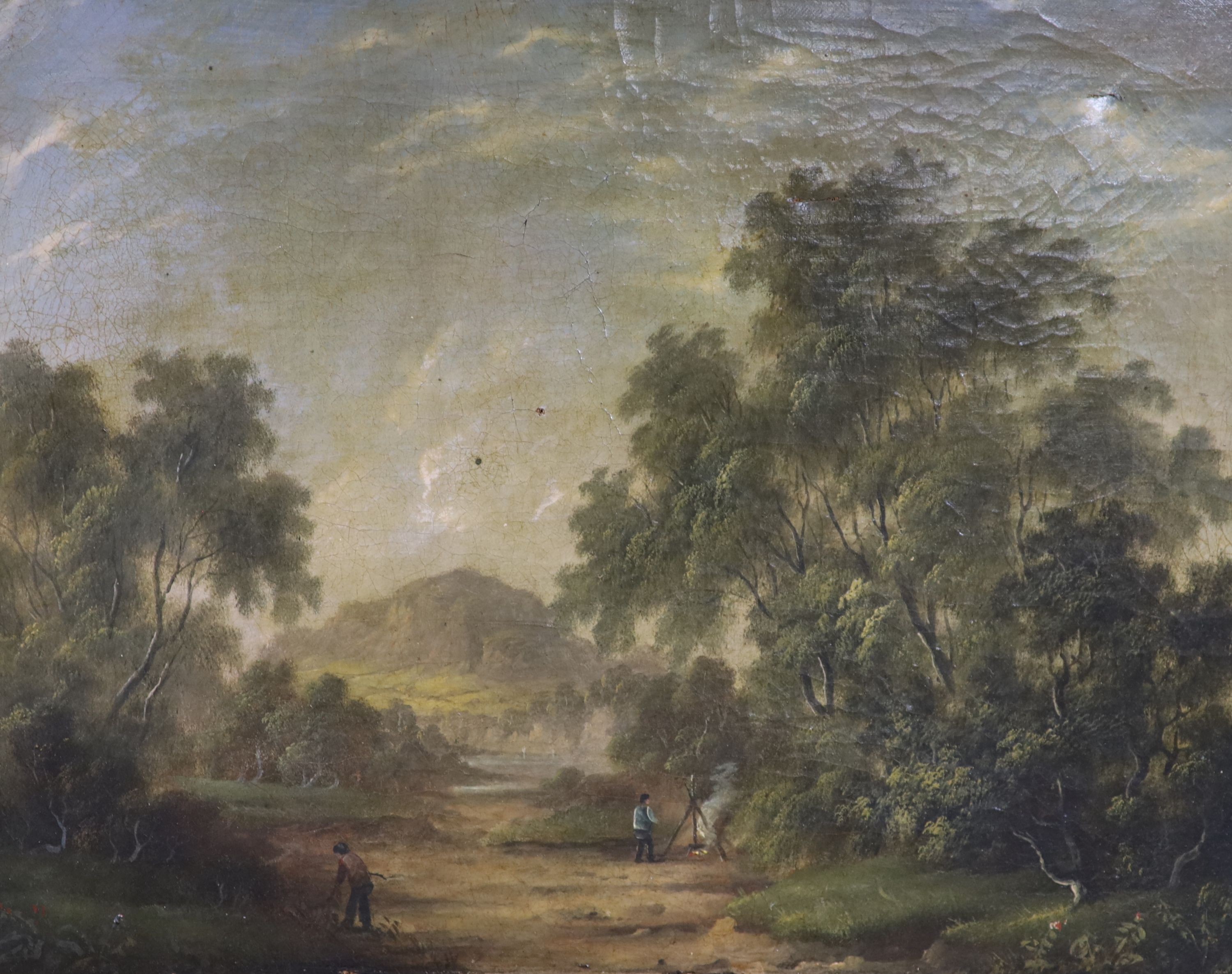 Rev. Robert Woodley Brown (fl. 1840-1860), pair of oils on canvas, Boatmen beside an estuary and Figures in a woodland clearing, inscribed in pencil verso, 30 x 38cm